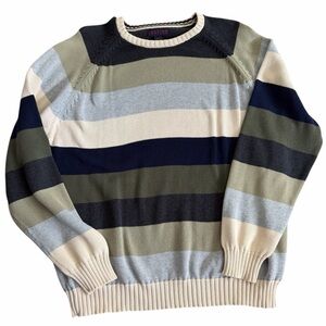 Jantzen Men’s Striped Knit Sweater Blue Green Cream Cotton Blend Size XL